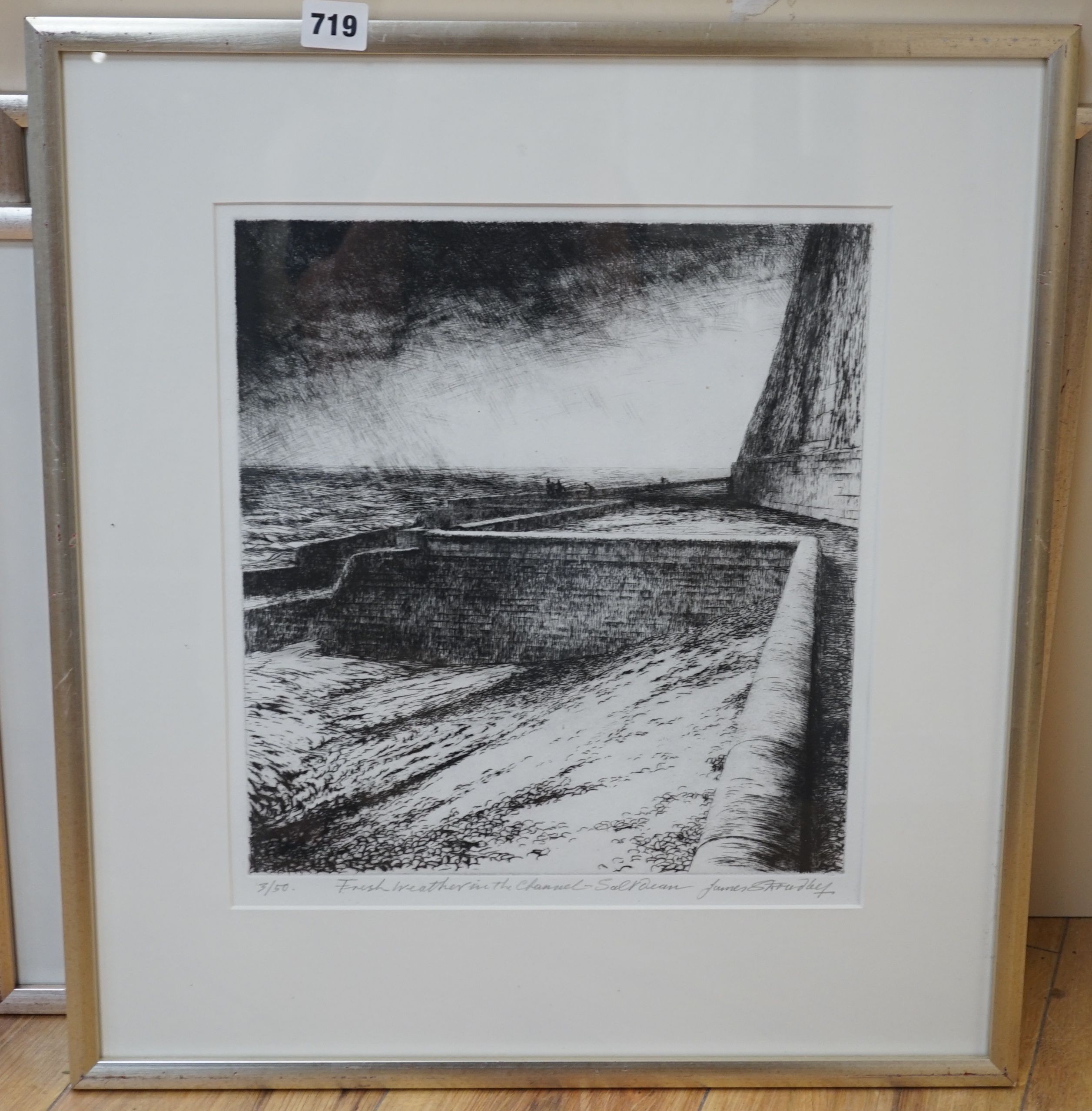 James Stroudley, three etchings, fresh weather in the channel, sort Dean, seawall Rottingdean, low tide Rottingdean, signed, largest image 33.5 cm X 31 cm